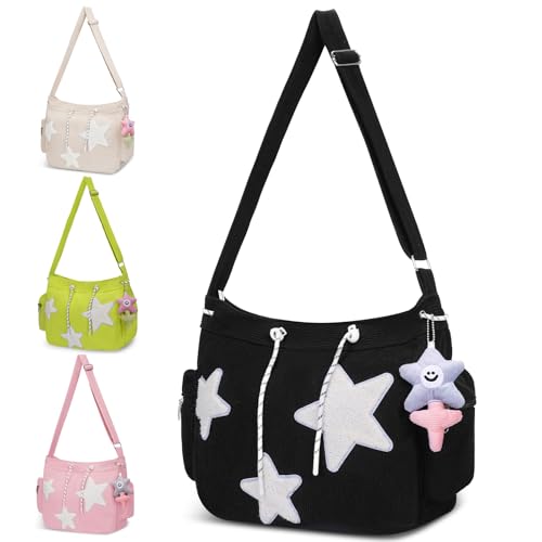 Cute Tote Bag for Women, Aesthetic Canvas Crossbody Bag Y2k Star Hobo Shoulder Purse Preppy Kawaii Zipper Messenger Bag - Black-corduroy