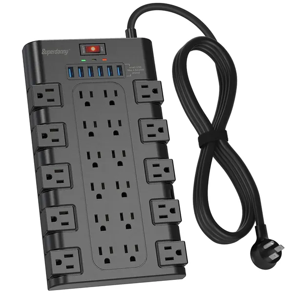 Power Strip, SUPERDANNY Surge Protector with 22 AC Outlets and 6 USB Charging Ports, 1875W/15A, 2100 Joules, 6.5Ft Flat Plug Heavy Duty Extension Cord for Home, Office, Dorm, Gaming Room, Black