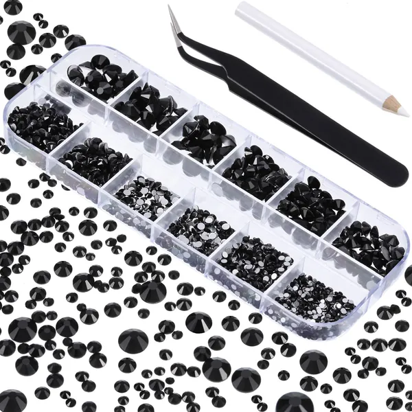 2000 Pieces Flat Back Gems Round Crystal Rhinestones 6 Sizes (1.5-6 mm) with Pick Up Tweezer and Rhinestones Picking Pen for Crafts Nail Face Art Clothes Shoes Bags DIY (Black)
