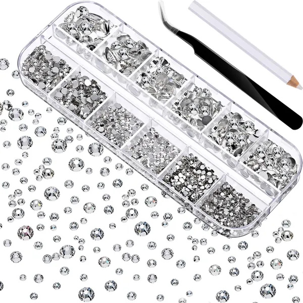 2000 Pieces Flat Back Gems Rhinestones 6 Sizes (1.5-6 Mm) Round Crystal Rhinestones with Pick up Tweezer and Rhinestones Picking Pen for Crafts Nail Clothes Shoes Bags DIY Art(Clear)