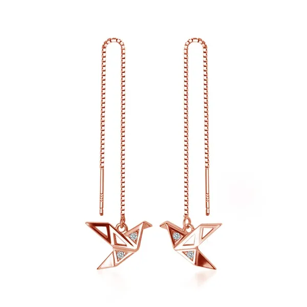 Origami Paper Crane Dangle Drop Earrings Sterling Silver Good Luck Cute Tassel Threader Long Chain Ear Line Stud Earring Minimalist Jewelry Gifts Hypoallergenic for Women Girls - Rose Gold