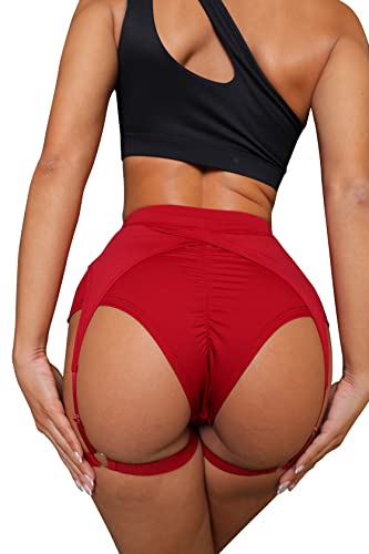 BZB Women's Booty Shorts with Garters High Waisted Biker Hot Pants Gym Cheeky Garter Running Shorts - Wine Red - Medium