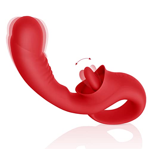 Clitoral Licking G Spot Vibrator, 2 in 1 Nipple Clitoralis Stimulator with 10 Licking & Vibrating Modes, Rechargeable Strapless Strap-On Realistic Dildo Vibrator, Adult Sex Toys for Women Couple (Red) - Red