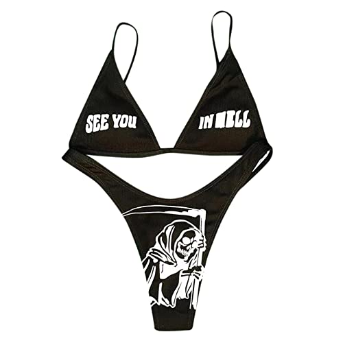 ANKOMINA Women Gothic Skull Letter Printed Two Piece Swimsuit High Cut Triangle Bikini Set for Rave Party Festival Halloween - Medium - Black B