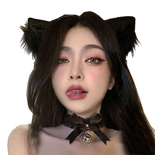 tyoungg Faux Fur Cat Kitten Ears Hair Clips Headwear Plus Lace Bell Collar For Cosplay Kittenplay Petplay Fluffy Furry Cat Ears (black ears + black collar) - Black Ears + Black Collar