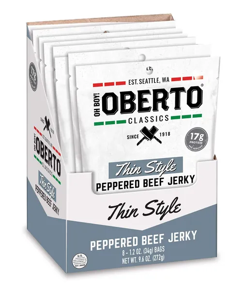 Oh Boy! Oberto Classics Thin Style Peppered Beef Jerky, 1.2 Ounce (Pack of 8) - Thin Style Peppered 1.2 Ounce (Pack of 8)
