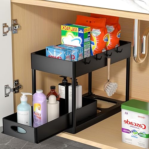PUILUO Under Sliding Cabinet Basket Organizer, 2 Tier Under Sink Organizers Black Under Sink Storage for Bathroom Kitchen - Black