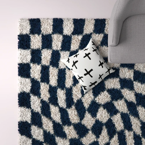 Hashtag Home Aitana Checkered Machine Made Polypropylene Area Rug in Navy/White | Wayfair