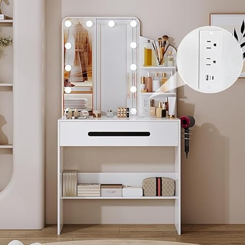 sbdmirau Modern Vanity Desk with Lighted Mirror, Desk Makeup Dressing Table with Power Strip, 12 LED Lights, 1 Large Drawers, Writing Desk with 3-Sectio Storage Shelves for Bedroom, White - White - 15.75D*34.65W*57.28H