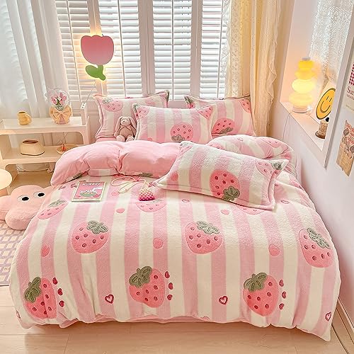 OranFran Pink Strawberry Duvet Cover Set Cute Kawaii Bedding Set Twin Size Snowflake Fluffy Comforter Cover Blanket Soft Reversible Duvet Cover Room Decor (Strawberry,Twin) - Strawberry - Twin