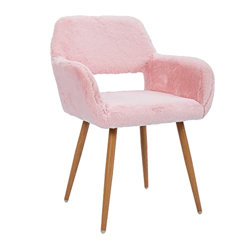 KCC Furry Desk Chair, Mid-Century Modern Accent Faux Fur Chair for Teen Girls, Comfy Armchair with Wood Look Metal Legs for Living Dining Room, Home Vanity Makeup Office Desk Chair No Wheel, Pink - Pink - 1 PC