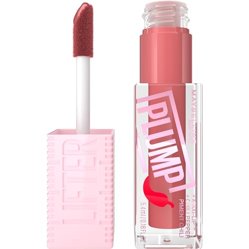 MAYBELLINE Lifter Gloss Lifter Plump, Plumping Lip Gloss with Chili Pepper and 5% Maxi-Lip, Peach Fever, Peachy Nude Cream, 1 Count - 5 PEACH FEVER - 0.18 Fl Oz (Pack of 1)