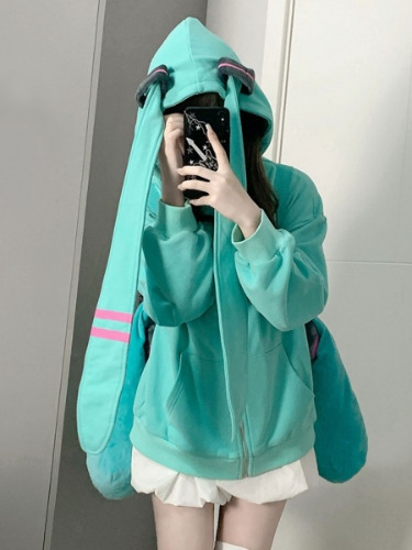 [$39.00]Hatsune Miku Double Ponytails Hood Green Zip Closure Hoodie