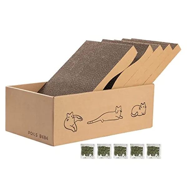 Poils bebe 5 PCS Cat Scratcher with Box, Reversible Cat Scratchers for Indoor Cats, Cardboard Cat Scratcher with Catnip, 2 Curved and 3 Flat Boards for Scratching Bed