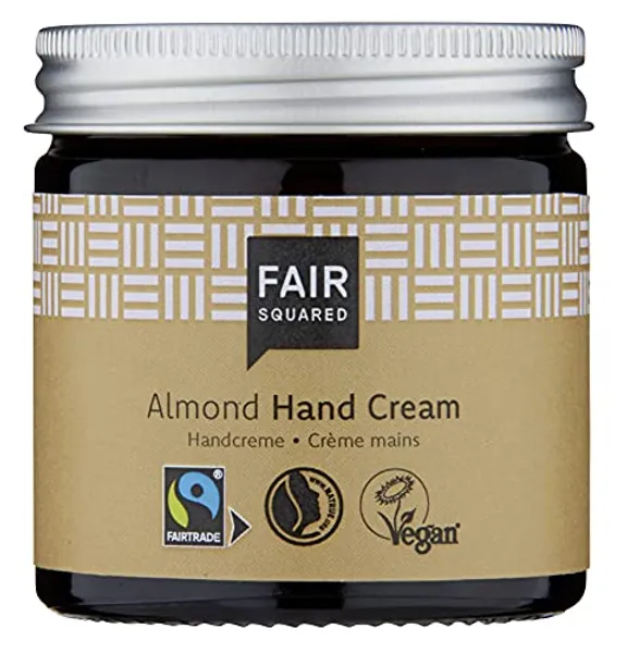 FAIR SQUARED Hand Creme Mandel 50 ml - Handpflege für trockene Haut mit Fairtrade-Mandelöl - vegane Naturkosmetik - Zero Waste im Mehrweg-Glastiegel