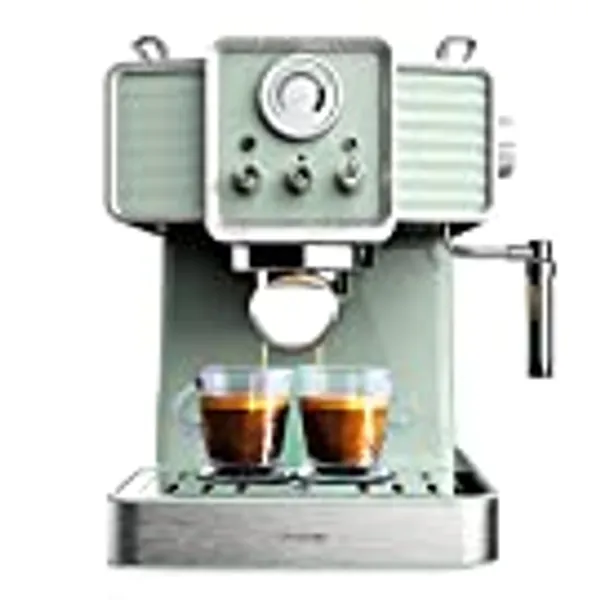 Cecotec Cafetera Express Power Espresso 20 Tradizionale Light Green. 1350 W, Espresso y Cappucicno, 20 Bares y Thermoblock, Vaporizador, Manómetro, Diseño Vintage, Capacidad 1,5 Litros
