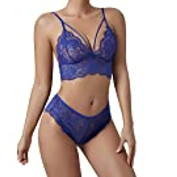 Amazon Brand - HIKARO Conjuntos De Lencería Sexy Mujer Sujetador Y Bragas De Encaje Floral Mujer Bralette De Encaje con Tirantes Finos Ajustables