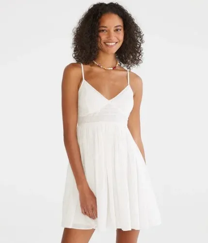 Solid V-Neck Eyelet Babydoll Dress