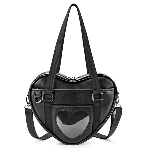 STEAMEDBUN Ita Bag Crossbody Heart Shaped Purse for Anime Pins Display - Dark Black