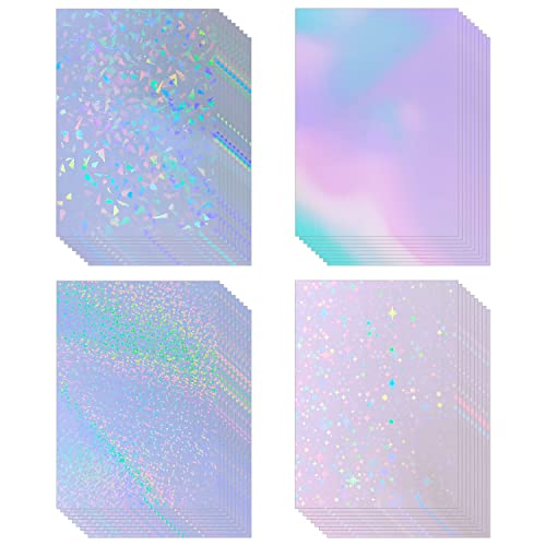 32 Sheets Holographic Sticker Paper A4 (11.7 x 8.3 Inch) Clear Vinyl Sticker Paper Self Adhesive Waterproof Transparent Overlay Film Holographic Overlay with 4 Styles Mixed - glitter,rainbow,stars,broken glass - A4