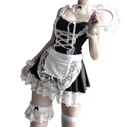 mzenuop Maid Outfit Halloween Maid Dress Cosplay Sweet Classic Apron Maid Costume with Socks - L-XL