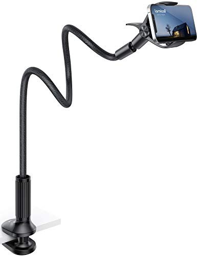 Lamicall Gooseneck Phone Holder for Bed - Overall Length 38.6in, Flexible Leather Wrapped Arm, 360 Adjustable Clamp Clip, Overhead Cell Phone Mount Stand for Desk, Compatible with All Cellphone (4-7”) - Black