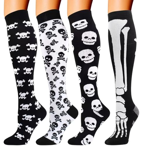 Double Couple 4 Pairs Compression Socks for Men and Women Compression Stockings - Skull - XX-Large