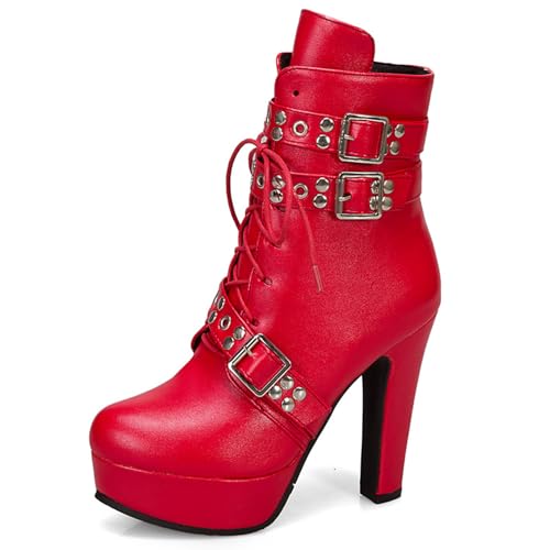 DEVILEYEZE Women Studded Belt Buckle Chunky High Heel Ankle Boots Sexy Round Toe Lace-up Punk Combat Warm Platform Gothic Knight Mid Calf Booties - 9 - Red