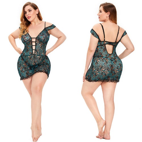 Plus Size Peacock Lace Nightdress seductive Lingerie - 5XL / Green