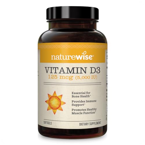 NatureWise Vitamin D3 5000iu (125 mcg) 1 Year Supply for Healthy Muscle Function, and Immune Support, Non-GMO, Gluten Free in Cold-Pressed Olive Oil, Packaging Vary ( Mini Softgel), 360 Count - 5000IU - 360 Count (Pack of 1)