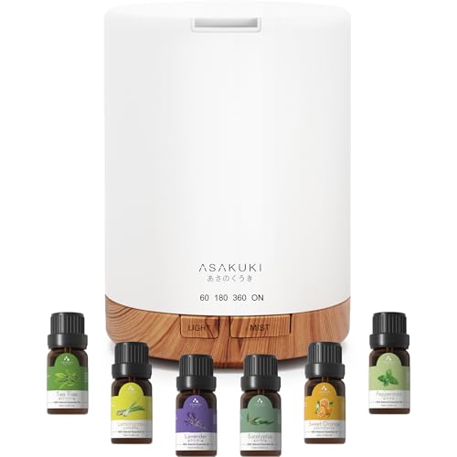 ASAKUKI 300ml Aroma Diffuser for Essential Oils with 6Pcs*10ml Pure Essential Oil Gift Set, Cool Mist Essential Oil Diffuser with 4 Timer Setting, 15 Color Lights, Auto Shut Off - Z-yellow Wood With Oil