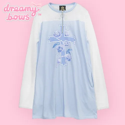 Blue Rose Cross Mesh Switching Long Tee - Blue x White at Dreamy Bows