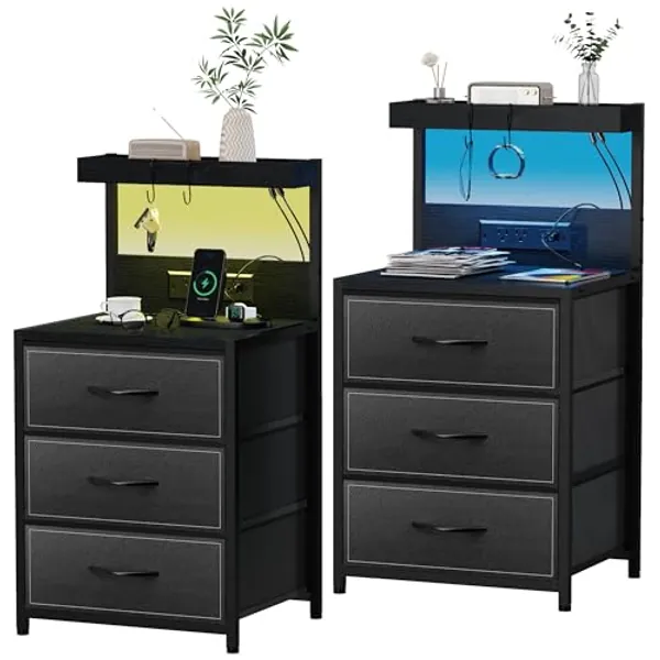 SZLHANJZ LED Nightstand Set of 2, Dresser Nightstand with 3 Drawers and Type C Charging Station, Storage End Table with Shelf and Hooks, Large Bedside Table for Dorm Bedroom, Black