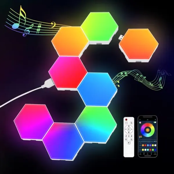 8 Pack Hexagon Light Panels - Smart RGB Hexagon LED Lights Wall Lights with APP & Remote Control Cool Music Sync Gaming Lights Tile Light for Living Room, Bedroom, Gaming Room, Kids, Adults