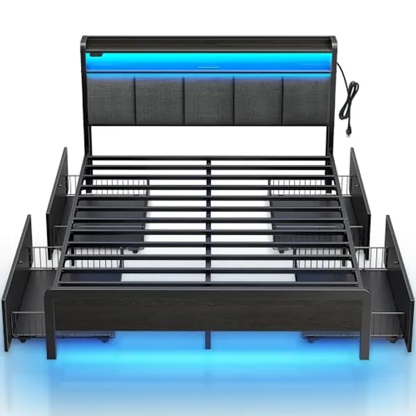 Rolanstar Bed Frame Queen Size with Charging Station and LED Lights, Upholstered Storage Headboard with Drawers, Heavy Duty Metal Slats, No Box Spring Needed, Noise Free, Easy Assembly, Dark Grey