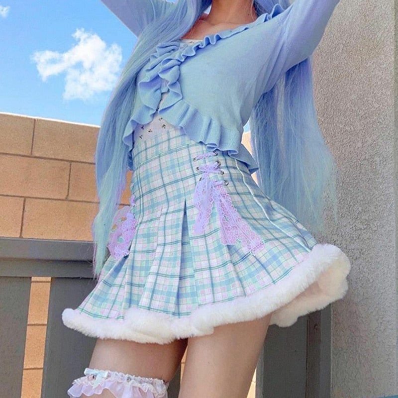 Plaid Fur Princess Skirt in Blue - Maintains Original Length - Blue / S