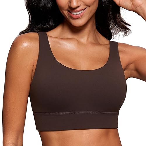 CRZ YOGA Butterluxe Womens U Back Sports Bra - Scoop Neck Padded Low Impact Yoga Clothes Workout Crop Top with Built in Pads - Small - Hot Fudge Brown
