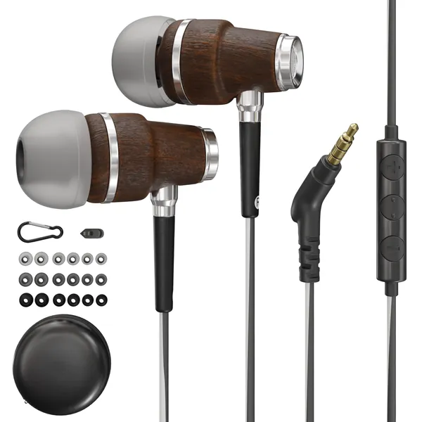 Symphonized Wired Earbuds with Microphone - Noise Isolating Corded Ear Buds with Mic and Volume Control - Wood Comfortable Earphones with Wire for Android, Computer, PC & Laptop 3.5mm (Black & Gray) - Black