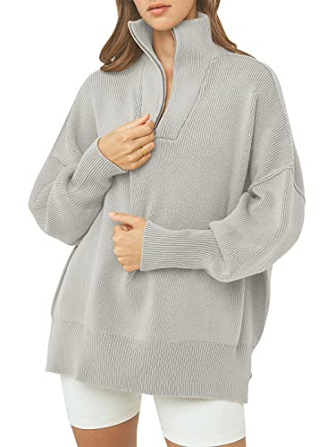 ANRABESS Women's Oversized Sweater 2023 Fall Long Sleeve Quarter Zipper Collar Drop Shoulder Slouchy Pullover Tops - Gray - Small