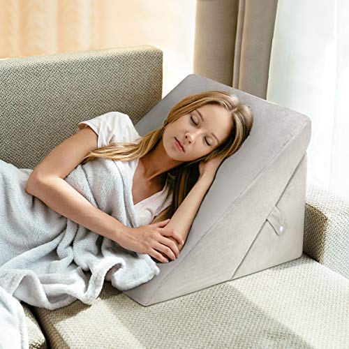 OasisCraft Bed Wedge Pillow, 8&12 Inch Adjustable Memory Foam Sleeping Pillow Folding Incline Cushion System for Legs with Washable Removable Cover - Back Pain, Snoring, Acid Reflux, Reading - White Grey