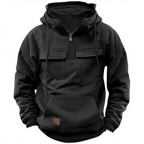 CLOAKA Cargo Pullover Sweatshirt Herren Tactical Hoodie Zipper Hoodie 1/4 Zip Up Hoodies Workout Gym Männer Mode Outdoor Hoodie - Schwarz - XL
