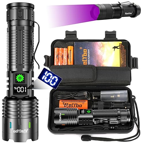 Relybo Taschenlampe Led Aufladbar, Led Taschenlampe Extrem Hell 500000 lumen, Taschenlampe Batteriebetrieben Usb, Taktische Taschenlampe Mit Holster, Starke Taschenlampe für Outdoor Notfälle Camping - Schwarz