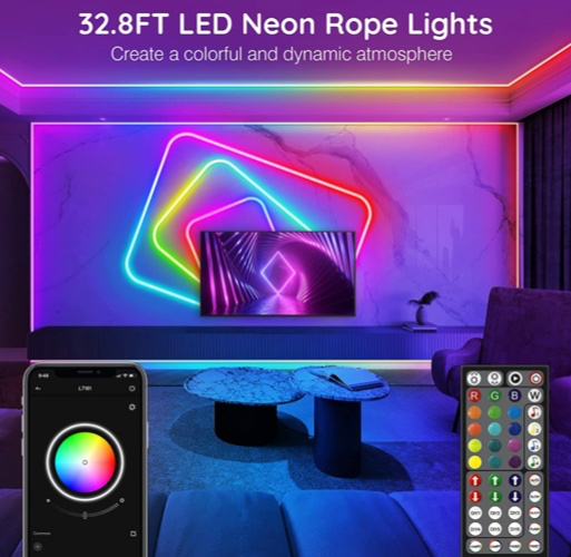 AILBTON Led Neon Rope Lights 32.8Ft,Flexible Led Rope Lights,Control with App/Remote,Multiple Modes,IP65 Outdoor RGB Neon Lights Waterproof,Music Sync Gaming Led Neon Strip Lights for Bedroom Indoor - 32.8ft