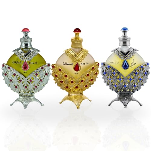 Khadlaj Hareem Al Sultan Concerned Perfume Oil 3-Piece Gift Set for Unisex, (1.18 Oz Blue + 1.18 Oz Gold+ 1.18 Oz Silver) - Oil bundle - 1.18 Fl Oz (Pack of 1)