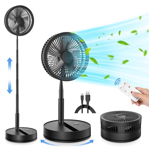 LIPETY Portable Foldable Rechargeable Oscillating Fan - 9" 7200mah Battery Operated USB C Small Fan Remote, Quiet Table Desk Fan Folding Standing Pedestal Fan for Bedroom Rome Office Camping Travel - 9 inch - oscillating - black