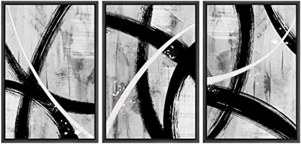 IDEA4WALL Framed Canvas Print Wall Art Set Black Gray White Geometric Paint Strokes Abstract Shapes Illustrations Modern Art Decorative Contemporary for Living Room, Bedroom, Office - 16"x24"x3 Black - 16" x 24" x 3 Panels BLACK - Be05-2203-irs03