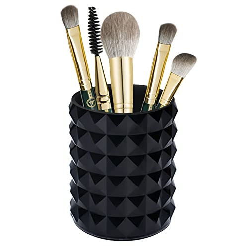 Funtygy Acrylic Makeup Brush Holder Organizer, Black Pencil Pen Holder, Crystal Cosmetics Brushes Cup Storage Solution, Round - Black