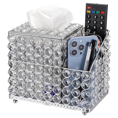 Sumnacon Tissue Box Square Tissue Box Cover with Storage Sparkling Silver Tissue Box Holder with Side Organizer,Crystal Tissue Cover Cube Tissue Holder for Bathroom Living Room Table Desk Office - Silver