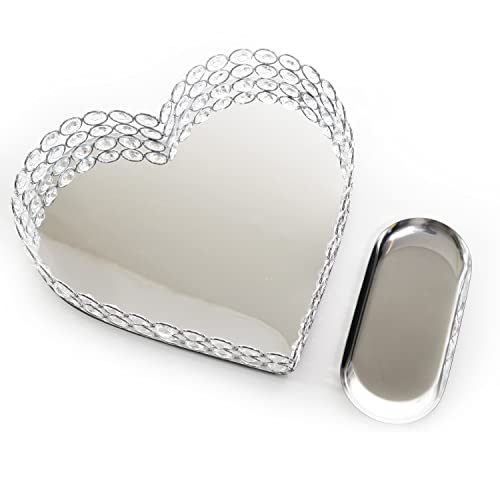 LINDLEMANN Heart Shaped Decorative Tray - Metal Mirrored Crystal Vanity Tray - Elegant Design for Perfume Jewelry Makeup, Easter (Heart, 11in, Silver) - Silver - Heart 11"