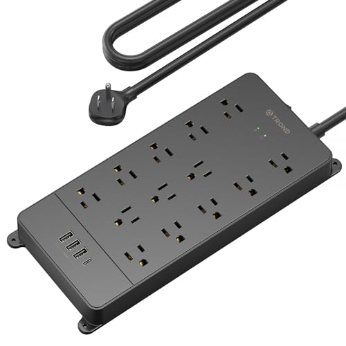 TROND Surge Protector Power Strip, 4000J, ETL Listed, 13 Widely-Spaced Outlets Expansion with 4 USB Ports(1 USB C), Low-Profile Flat Plug, Wall Mountable, 5ft Extension Cord, 14AWG Heavy Duty, Black - 5 FT Upgraded Thin Plug - 13 Outlets - Black